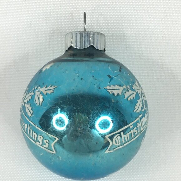 Vintage Shiny Brite Small Blue Glass Ball Stencil Christmas Greetings Ornament - Picture 4 of 9